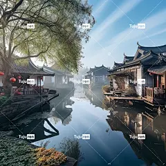 江南水乡，阳光明媚，小桥流水大雾柳树，梅花鸟海报
