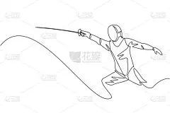 年轻职业击剑运动员、戴着击剑面罩的男子单行连续画线。竞技竞技体育竞赛的概念.趋势单行绘图设计矢量插图