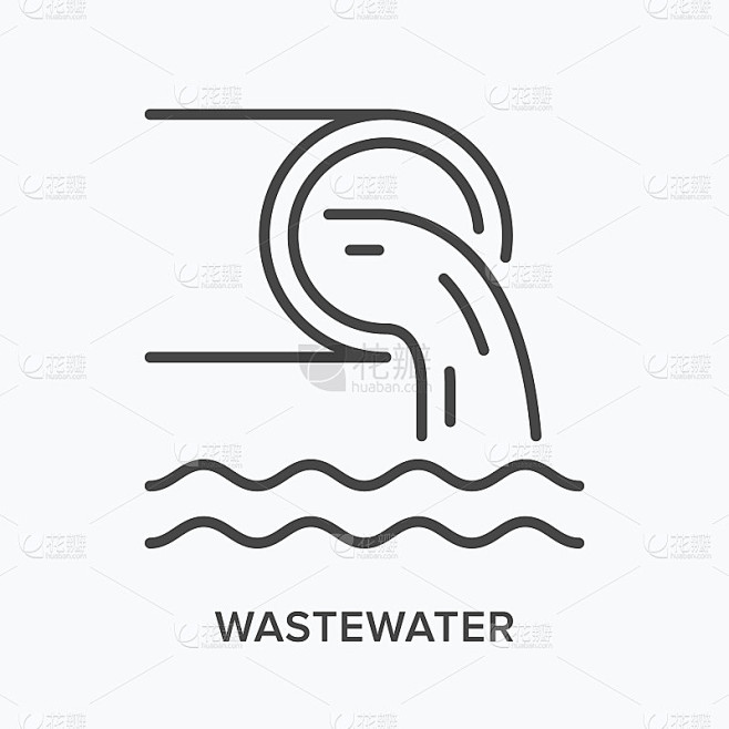 废水平线图标。管道和脏水的矢量轮廓图。黑色细线型象形下水道管