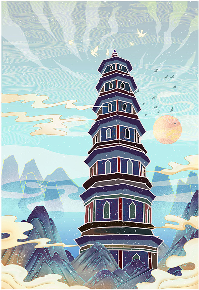 北海合浦文昌塔北海城市地标建筑插画