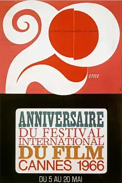 1966年 第19届戛纳电影节海报【虽然是第19届，但是从1946年第1届戛纳开始正好是20周年了，所以这一届的海报以大红的底色，突出20周年的字样。 每年的戛纳电影节总要出一些事件，大至外交、政治问题，还有宗教问题，小至明星之间的明争暗斗。这似乎也让戛纳多了很多的话题。这届戛纳就有两部影片：里维特的《女教士》和雷乃的《战争已结束》因为宗教和外交的干预而被迫退出戛纳。】