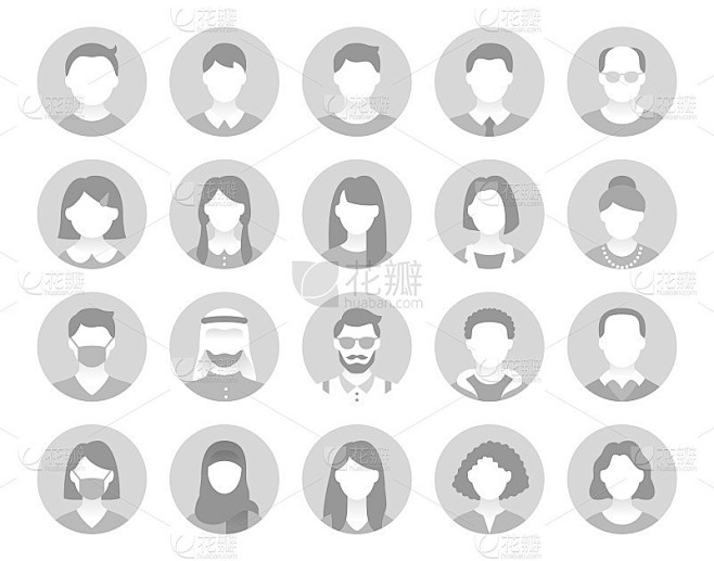 人们化身为平面图标。矢量插图包括图标为男性，女性，穆斯林，老年人，成人和年轻人的用户档案象形图。灰色