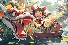 _端午节海报划龙舟开心大笑的小孩子插画（非企业商用）