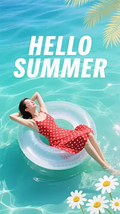 明亮清新的夏日主题海报，以通透的渐变蓝绿色水波纹为背景，营造出凉爽、水润的氛围。画面上方，一位穿着红色波点连衣裙的女性侧身慵懒地躺在透明的充气游泳圈上，漂浮在水面，姿态放松惬意。海报整体视觉层级清晰，仅保留简洁的“HELLO SUMMER”白色大写标题文字位于中央偏上位置，字体为无衬线体，醒目突出。底部点缀着几朵白色小雏菊，右上角有几片淡黄色的棕榈叶作为装饰元素，增强夏日气息。整体构图采用垂直布局，色彩和谐统一，以蓝绿色为主色调，红色连衣裙作为点缀形成视觉焦点，光影柔和，具有现代简约的设计感，信息传达简洁