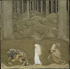 1910年代瑞典插画大师John Bauer绘制的北欧神话故事。公主王子精灵们，个个面目清秀，身形纤细美丽，使灰暗画面里呈现出一丝艳丽的光影。John Bauer为很多经典文学作品绘制过插画。