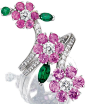 Gem-set and diamond ring, Van Cleef & Arpels. Designed as three flowers set with circular-cut pink sapphires, pear- and marquise-shaped garnets, highlighted with brilliant-cut diamonds, mounted in white gold, size 56, signed Van Cleef & Arpels and