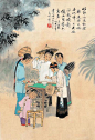 【清　丢巧针】
佳节女儿约诸邻，迭将水碗丢巧针。日光照得龙梭影，绣出鸳鸯如意君。
《燕京岁时记》：“京师闺阁，于七月七日以碗水暴日下，各投小针，浮之水面，徐视水底日影，或散如花，动如云，细如线，粗如椎，因以卜女之巧拙。俗谓之丢针儿。”或名丢巧针。清代诗人吴曼云《江乡节物诗》：“穿线年年约北邻，更将余巧试针神。谁家独见龙梭影，绣出鸳鸯不度人。”