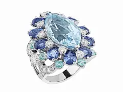 Robe Couleur de Temps 白金戒指，from Peau d'Âne collection 主石为一颗9.88克拉的榄尖形切割海蓝宝石，周围镶有钻石、碧玺、蓝宝石。