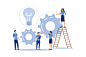 Flat vector illustration, teamwork on finding new ideas, little people launch a mechanism, search for new solutions, creative work : Download the Flat vector illustration, teamwork on finding new ideas, little people launch a mechanism, search for new sol