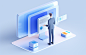 B2B, icon, document analysis dashboard and document review, a male lawyer in a gray-blue suit stands in front of a rectangular glass display mockup, light gray background, blue and white, orange glass, Microsoft style design, isometric design, Glow mode, 