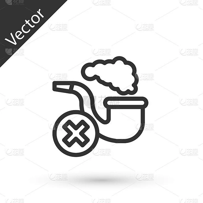 灰色线烟管与烟雾图标隔离在白色背景。烟斗。向量素材-花瓣网