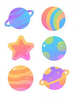 六个不同配色、不同样式、不同材质的宇宙元素，包括带有渐变蓝紫色光环的行星、多彩五角星、圆形星球等，采用扁平插画风格，边缘圆润，色彩明快且带有渐变效果，表面有细微光斑和纹理，元素间保持均匀间距，在纯白色背景上整齐排列，整体呈现出活泼、可爱的视觉效果，符合儿童或年轻受众的审美喜好。