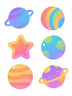 六个不同配色、不同样式、不同材质的宇宙元素，包括带有渐变蓝紫色光环的行星、多彩五角星、圆形星球等，采用扁平插画风格，边缘圆润，色彩明快且带有渐变效果，表面有细微光斑和纹理，元素间保持均匀间距，在纯白色背景上整齐排列，整体呈现出活泼、可爱的视觉效果，符合儿童或年轻受众的审美喜好。