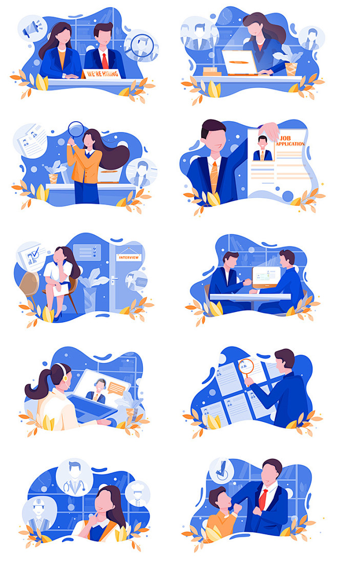 互联网在线云招聘面试简历入职考核人物插画...
