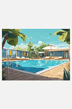 扁平风夏季游泳池插画AI数字艺术