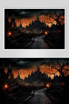 AI数字艺术万圣节万圣夜恶魔城堡背景插画