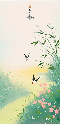 淡绿淡粉春天燕子风景 (4)