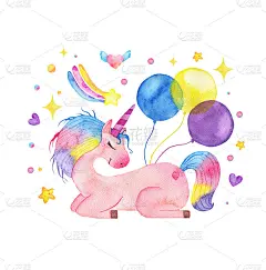 水彩可爱的魔法独角兽气球，彩虹和星星孤立