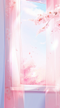 in the pink curtain, in the style of romantic scenery, luminous 3d objects, cherry blossoms, windows vista, uhd image, romantic illustrations, light white and light indigo