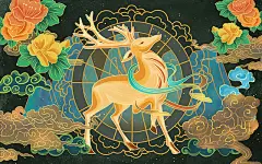 彩色卡通手绘国潮风敦煌壁画神鹿金轮祥云花朵原创插画海报国潮插画