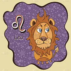 星座卡通狮子座，星座性格，手绘。画有趣的狮子座在框架形式的抽象紫色墨点与背景的星星。矢量图