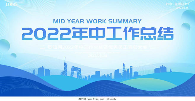 蓝色大气2022年中工作总结会议展板背景...