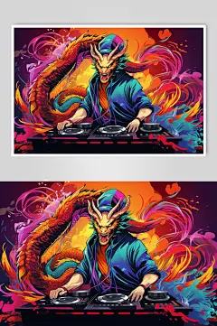 AI数字艺术潮流卡通龙年DJ打碟形象插画