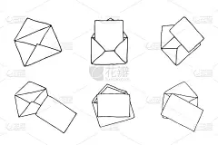邮件图标收集，打开信封，电子邮件符号。素描字母集。手绘卡通风格。开放轮廓信封