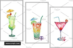 手绘水彩饮料设计素材Hand painted watercolour cocktails 设计模板 