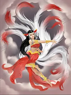 山海经九尾狐 【酷图网】手绘,国风,神话人物,手绘狐狸,九尾狐