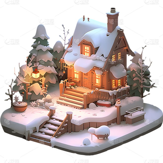 圣诞节平安夜3D立体雪景小屋装饰组合元素