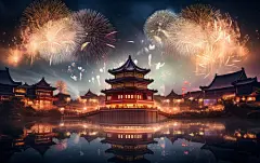 古风建筑烟花背景素材图片