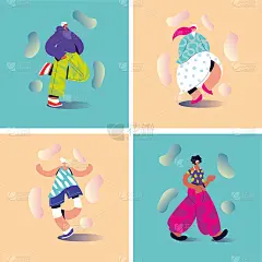一组卡片上的人站在不同的姿势