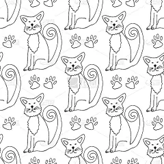 黑色轮廓有趣的猫无缝图案在涂鸦风格。矢量插图。手绘线条艺术形象。