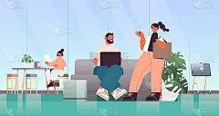 businesspeople working and talking together in cow