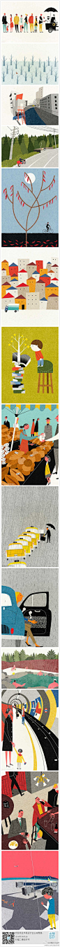 #求是爱插画#日本自由插画师Ryo Takemasa的作品非常贴近生活，菜市场，红绿灯，人物的表情非常简单，却十分贴切。若是自然风景，则清新宜人，无论是画面线条还是色彩搭配，都是另一分安静美好。