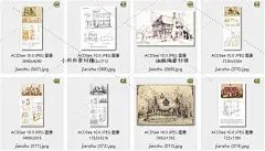 欧式古典建筑平面设计手稿线稿彩色插画场景室内手绘临摹素材8-淘宝网