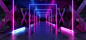 混凝土垃圾柱X形走廊隧道黑暗的大厅反射的霓虹灯发光的科幻未来主义现代道路紫色蓝色充满活力的形状大门舞