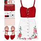 A fashion look from May 2017 featuring lace up top, midi skirt and red shoes. Browse and shop related looks.