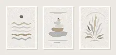 极简抽象海报 | 图源免费矢量文件 |  点击来源直接获取大图文件 |三组海报、壁画。大海、水、太阳、石头金字塔、植物的抽象图像。柔和的淡彩色、米色、浅棕色、灰色。亚麻帆布质地。室内装饰。向量