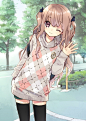 ✮ ANIME ART ✮ clothes. . .cute fashion. . .oversized sweater. . .long hair. . .hair ribbons. . .thigh high stockings. . .cute. . .kawaii