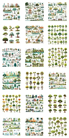 卡通城市公园花园景观设施植物树木森林大树插画矢量AI设计素材图-淘宝网