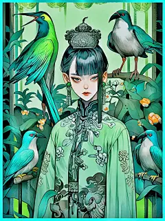 中式花鸟|国潮&amp;国风插画|古风女孩