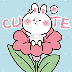 可爱兔子的病媒图解坐在粉红色的花朵上。动物卡通画手绘，卡通画，卡通画.