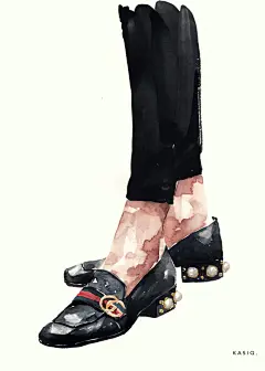 手绘水彩插画壁纸裤子黑色鞋子褪局部古驰