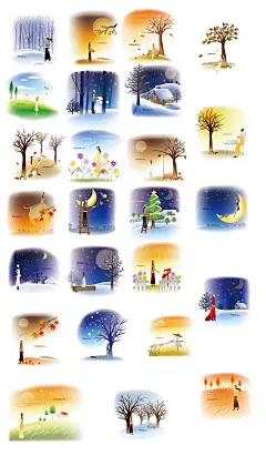 天使插画设计矢量图、秋季秋天、稻草人、稻田、女孩、草地、木栏、圣诞树、花、落叶、蓝天-插画设计元素-AI矢量图/EPS矢量图--图尊网_创意插画设计平台_插画素材_精品设计灵感图库_卡通素材_扁平清新时尚
