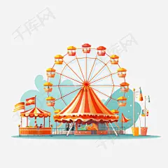 扁平风游乐园嘉年华摩天轮旋转木马2素材图片免费下载-千库网