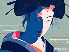 和风少女剪影轮廓肖像,渐变青灰背景营造空气感,浮世绘版画简化技法,面部仅保留眼线与唇部彩绘,发髻点缀线描樱花图案,颈部阴影采用留白处理,色彩限定靛蓝_胭脂_赭石三色,线条粗细韵律控制,哑光肌理纸张基底