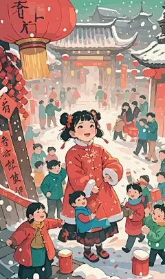 春节雪景街景庆春插画图形元素