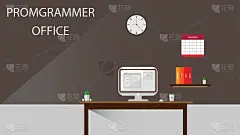 为程序员设计的办公室室内概念。现代化的办公空间配有办公家具:书，书桌，墙上的时钟。矢量插图。